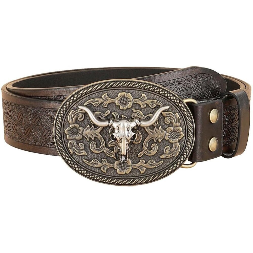 Women's Vintage Leather Buckle Belt Faux Floral Carved Western Casual
